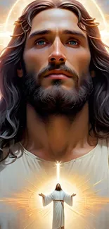 Radiant Jesus with glowing halo mobile wallpaper.