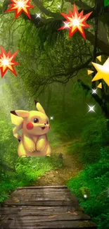 Animated character in lush green forest with sunlight.