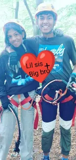 Siblings in harness gear enjoying a forest adventure.