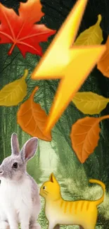 A rabbit and cat in a forest with autumn leaves and lightning bolt design.