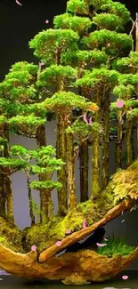 Artistic bonsai forest on a wooden base, showcasing lush green trees.