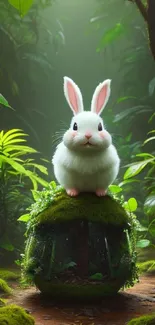 White rabbit sitting on a lush green forest path.