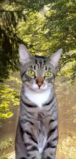 Cat sitting in a lush green forest.