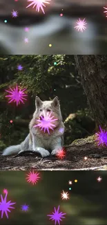 Dog in forest with colorful sparks effect, ideal for mobile wallpaper.