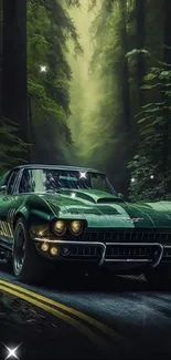 Classic green car driving through a lush, forested road.