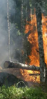 Dramatic forest fire with tall flames amidst trees.