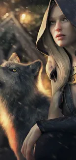 Fantasy art of a woman with a wolf in a mystical forest setting.