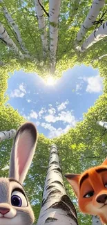 Cartoon animals beneath heart-shaped forest canopy.