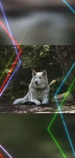 Majestic husky in forest with neon lights.