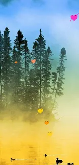 Forest lake wallpaper with hearts and trees on a misty morning.