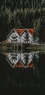 House reflecting on a forest lake with serene surroundings.