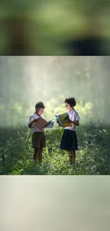 Children reading books in a sunlit forest scene mobile wallpaper.