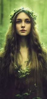 Fantasy art of a forest maiden with long hair.