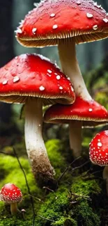 Red toadstools surrounded by lush greenery in the forest.