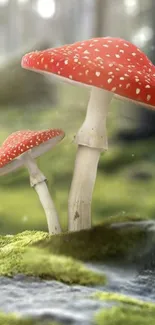 Red mushrooms in a serene forest setting