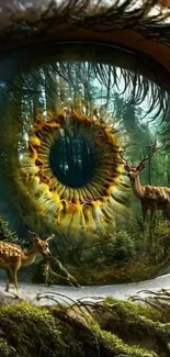 A surreal eye with forest and deer reflection art.