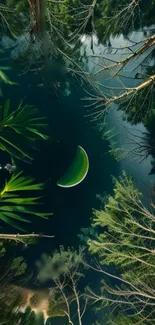 Mobile wallpaper of a forest reflection with a crescent moon and lush greenery.