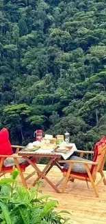 Outdoor dining setup with forest view.