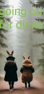 Two friends walk on a misty forest path with animal costumes, serene view.