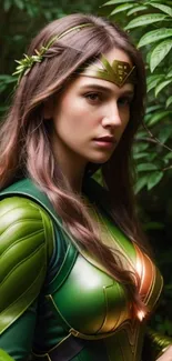 Female warrior in green armor amidst lush forest leaves.