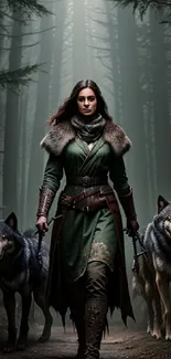 Forest warrior with wolves in a dark, mystical setting.