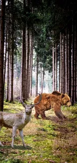 Bear and deer in a serene forest with tall trees and lush greenery.