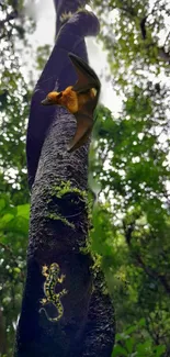 A vivid forest tree with a geco and bat for mobile wallpaper.