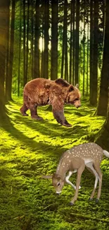 Bear and deer in a lush forest wallpaper.