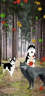 Cartoon wolves in a vibrant autumn forest with falling leaves.