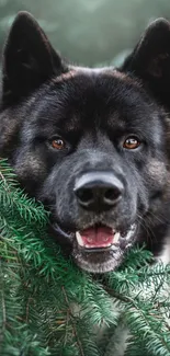 Dog in forest setting wallpaper with lush greenery.