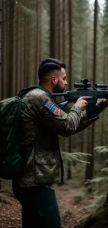 Soldier in forest holding rifle, exploring the wilderness.