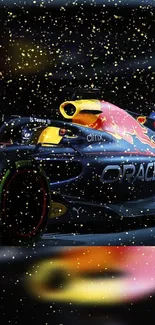 Vibrant Formula 1 race car with a dark background and sparkles.