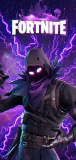 Fortnite dark knight with violet electric background, ideal for mobile screens.