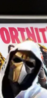 Fortnite masked character wallpaper with bold title in background.