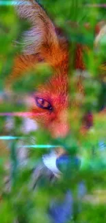 Fox peeking through vibrant green leaves creating a captivating scene.