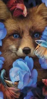 Fox among blue flowers and betta fish wallpaper.