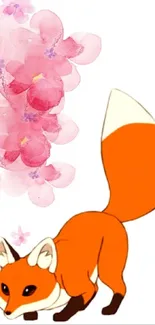 Cartoon fox with pink floral design wallpaper.