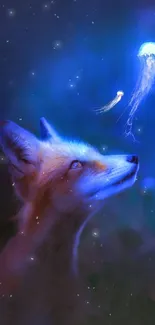 A curious fox looks at a glowing blue jellyfish in a dark, mystical forest background.