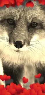 A fox surrounded by red hearts in a sepia-toned wallpaper.