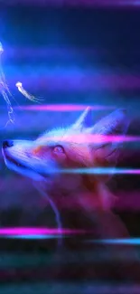 Fox stares at glowing jellyfish in dark blue setting.