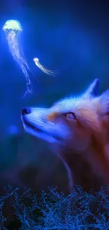 A fox gazes at glowing jellyfish under a blue sky.