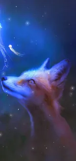 Fox gazing at glowing jellyfish in a dark, mystical night setting.