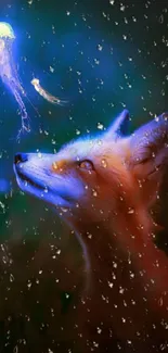 Fox looks at glowing jellyfish in a mystical night scene.