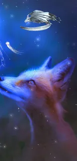 Fox gazing at luminous jellyfish in nighttime fantasy art.