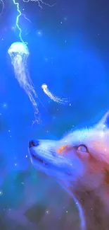 Whimsical artwork of fox with glowing jellyfish at night.