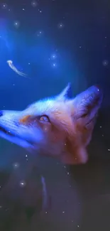 Fox admiring glowing jellyfish in a mystical blue setting.