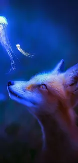 Fox gazing at glowing jellyfish against a deep blue background.