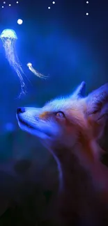 Fox gazing at glowing jellyfish in a mystical blue night scene.