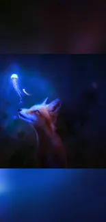 Fox mesmerized by a glowing jellyfish in a serene, blue-hued night scene.