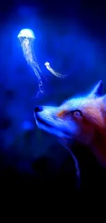 Glowing fox gazes at a luminous jellyfish in this mystical blue wallpaper.